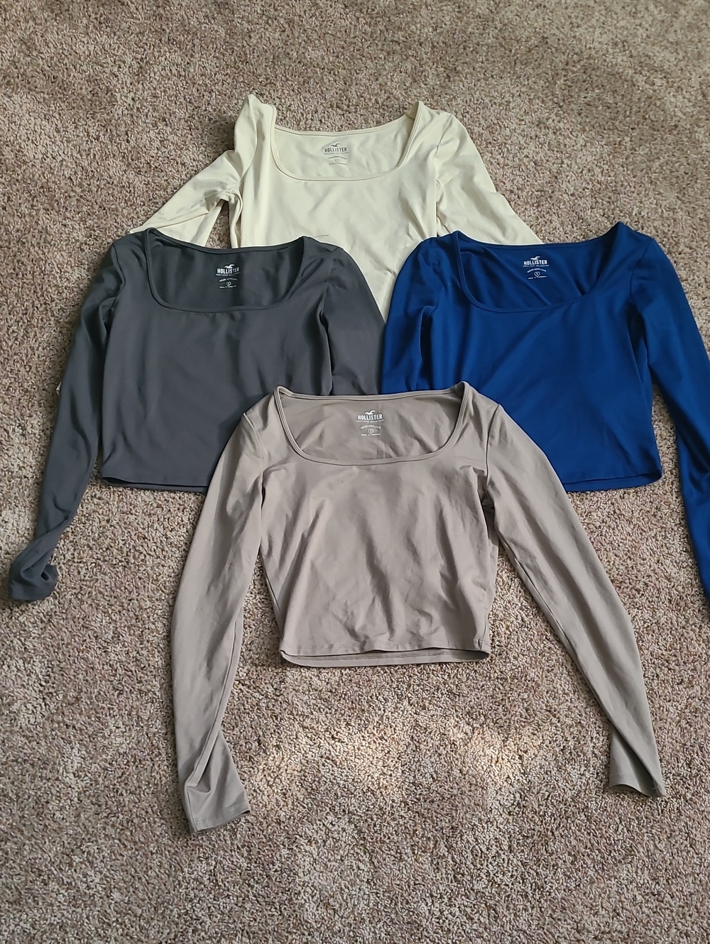 Long-Sleeve Hollister Square Neck Crop Top - White, Gray, Blue, Taupe (Qty 4)